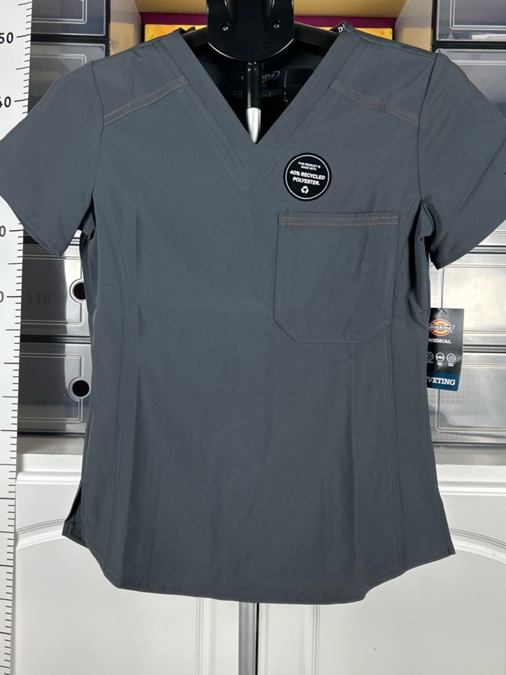 Dickies Women's Short Sleeve V-Neck Scrub Top in Charcoal Gray